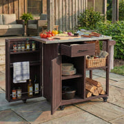 P PURLOVE Outdoor Kitchen Island, Fir Wood Prep Station with Stainless Top, Ample Storage Space, Towel and Spice Racks for Patio and Outdoor, Dark Brown