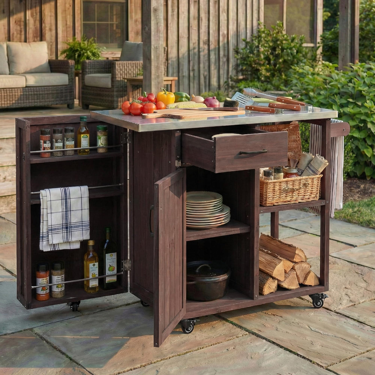 P PURLOVE Outdoor Kitchen Island, Fir Wood Prep Station with Stainless Top, Ample Storage Space, Towel and Spice Racks for Patio and Outdoor, Dark Brown
