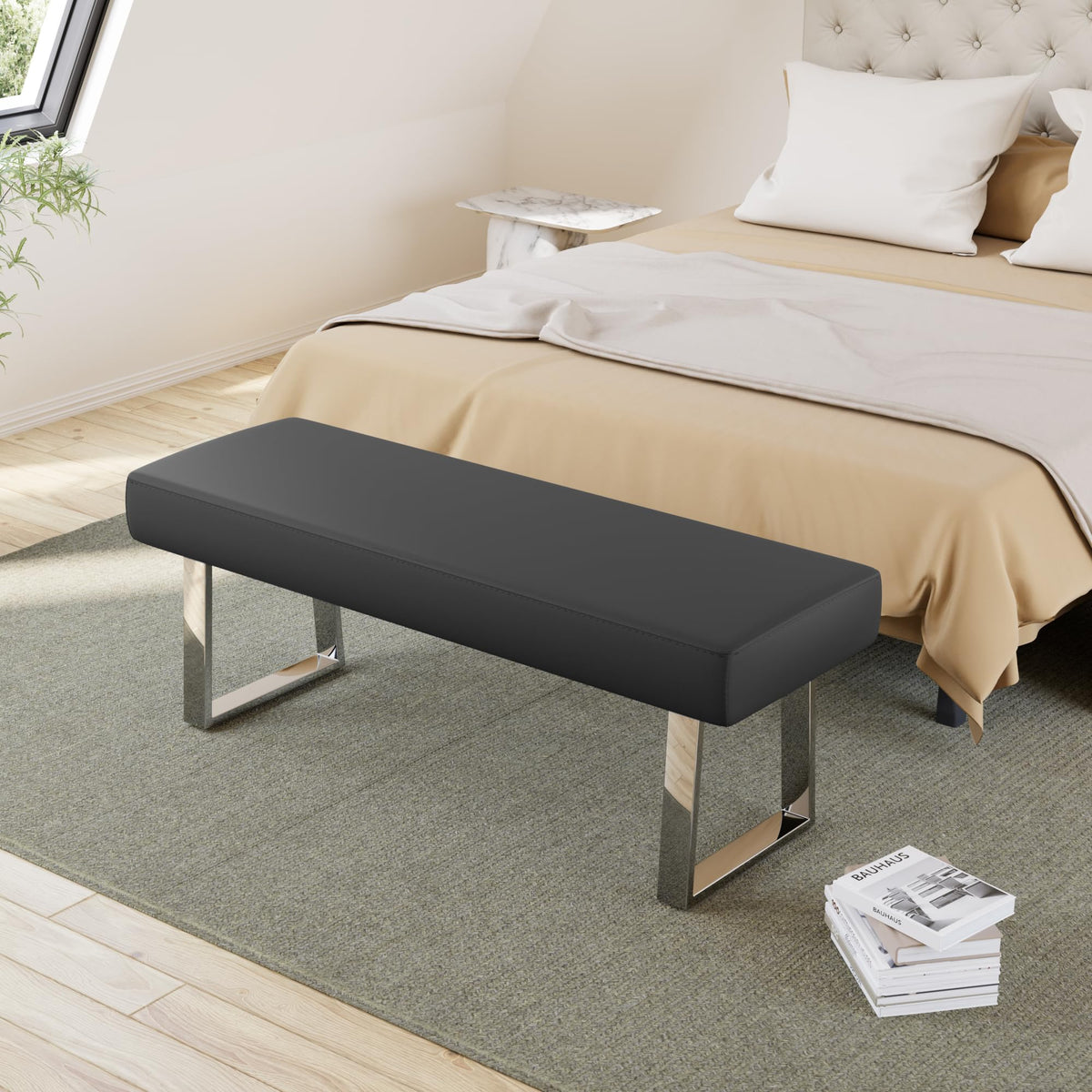 Black Faux Leather Bench