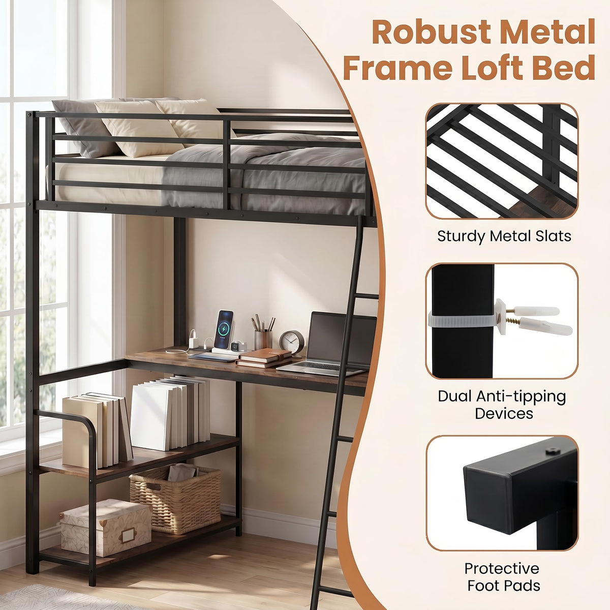 GIANTEX Twin Loft Bed with Desk & Charging Station, Industrial Metal Bed Frame w/Inclined Ladder, Safety Guardrail & Storage Shelves for Kids, Teens, Bedroom, Dorm, Space-Saving, No Box Spring Needed