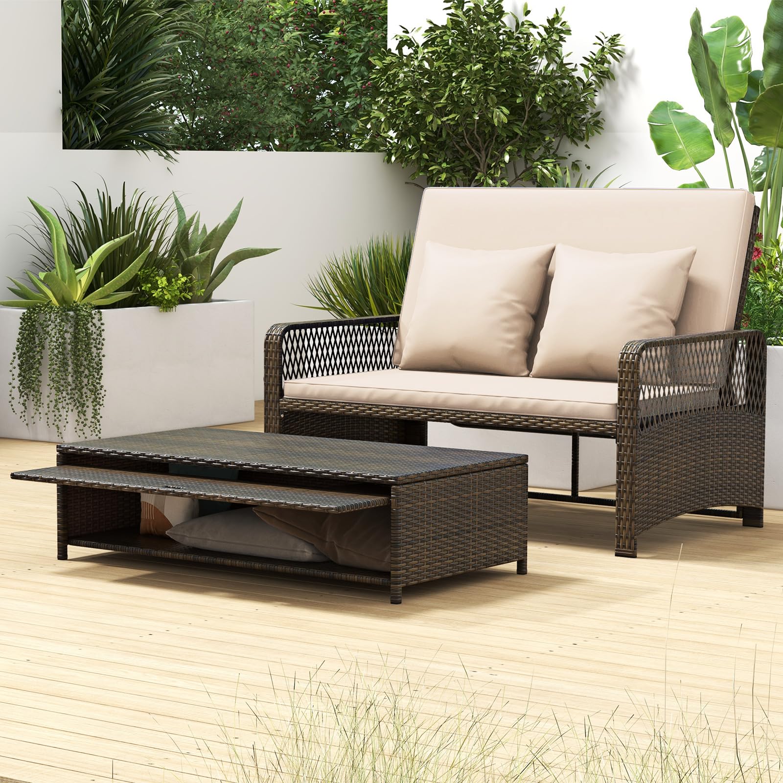 Patio Rattan Daybed with Storage Ottoman
