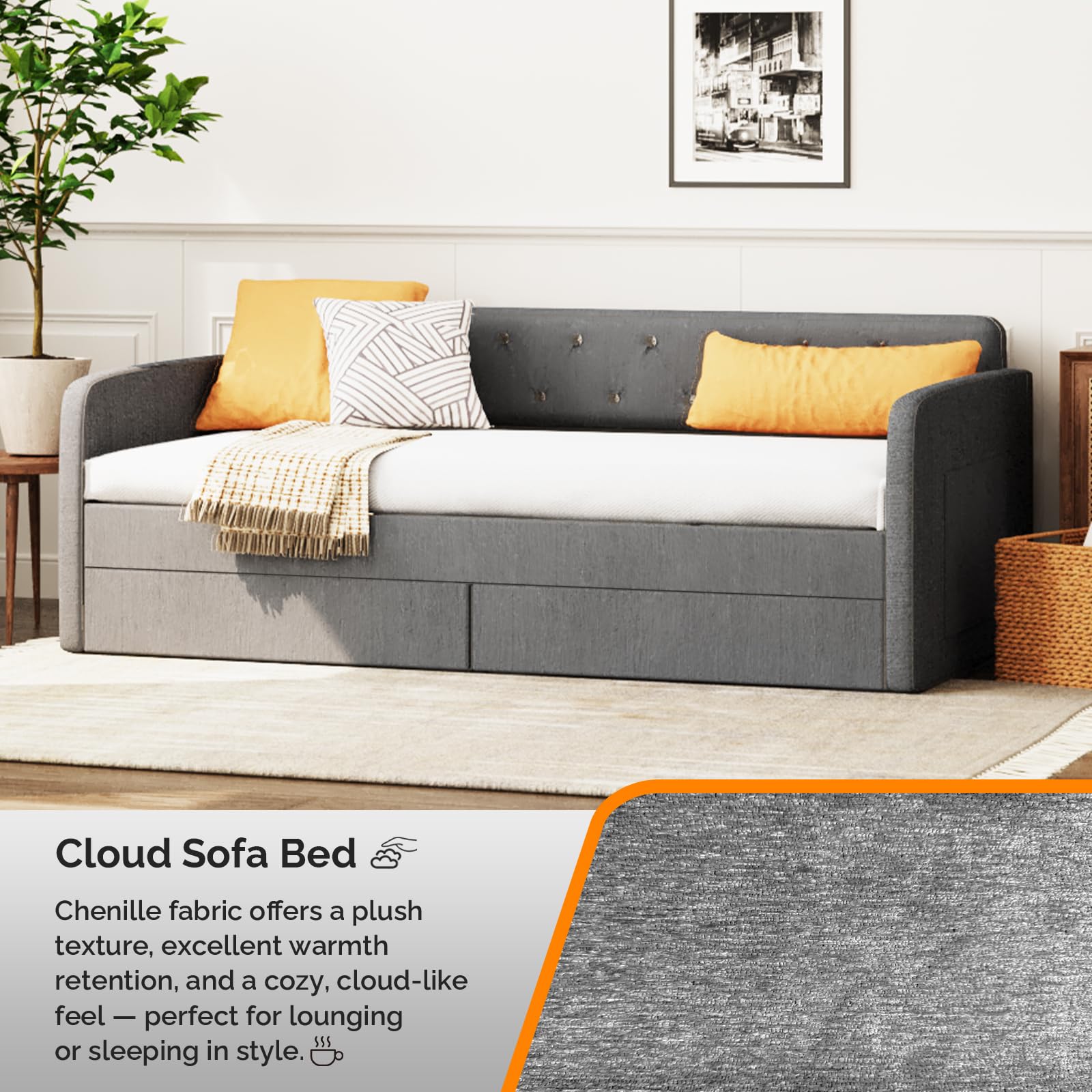 VINGLI Twin Size Daybed with 2 Storage Drawers and Pockets, Chenille Fabric with Diamond Buttons, Upholstered Comfy Sleeper Couch Sofa Bed for Living Room, Movie Room, Bedroom, Gray