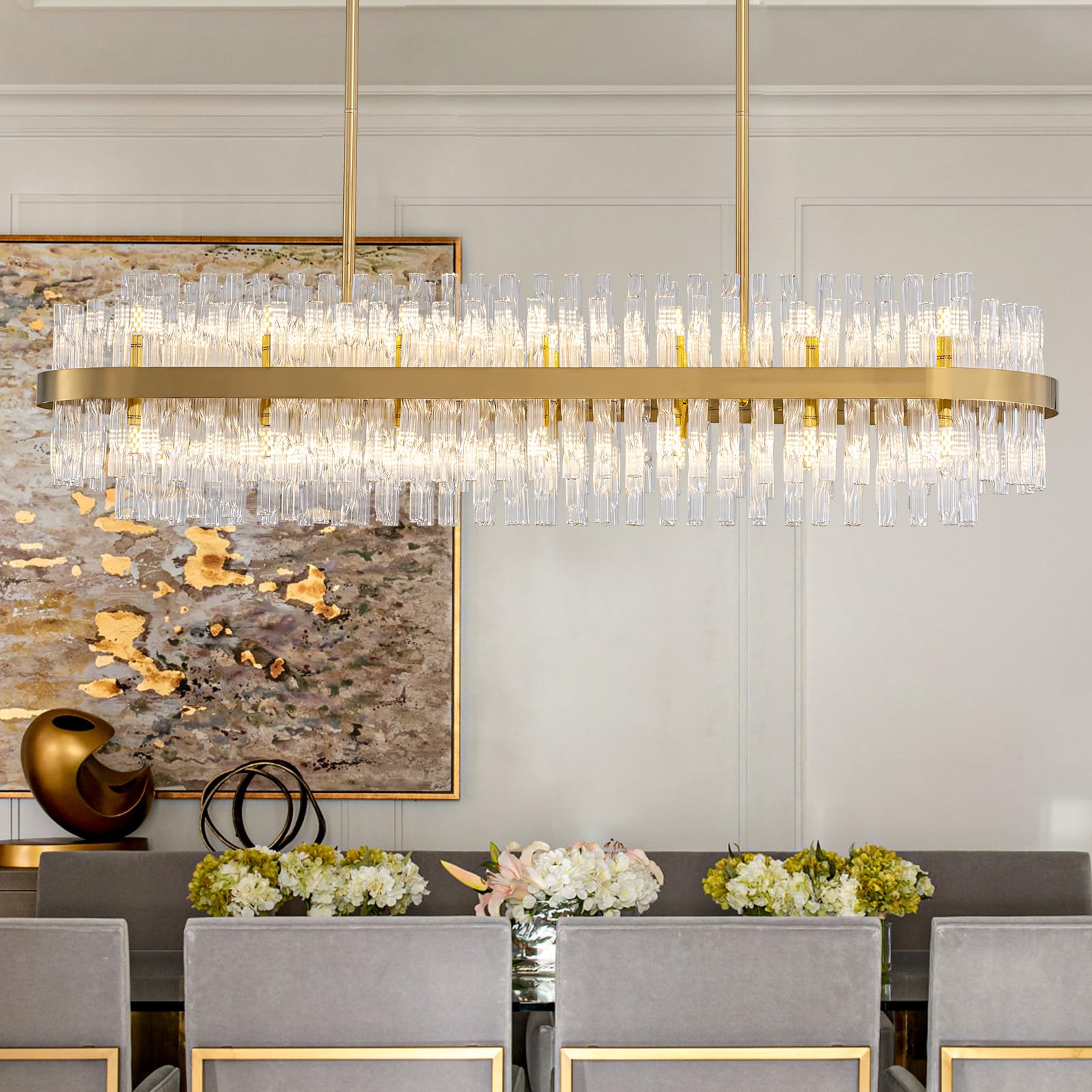 WECHAET 28-Light Modern Gold Rectangle Chandeliers for Dining Room Kitchen Island Light Fixture, 2 Tiers Wave Crystal Glass Chandelier for Living Room, L45.7''