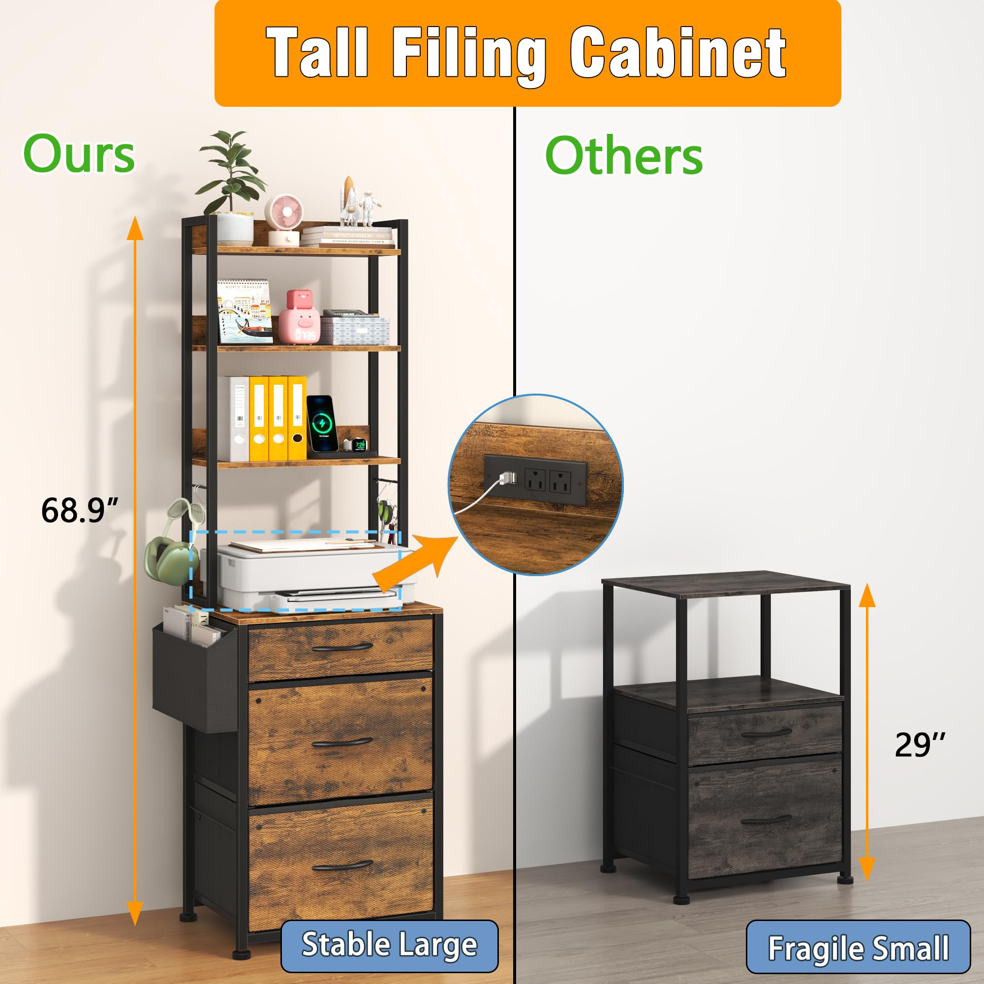 3-Drawer File Cabinet with Charging Station & 4-Tier Bookshelf