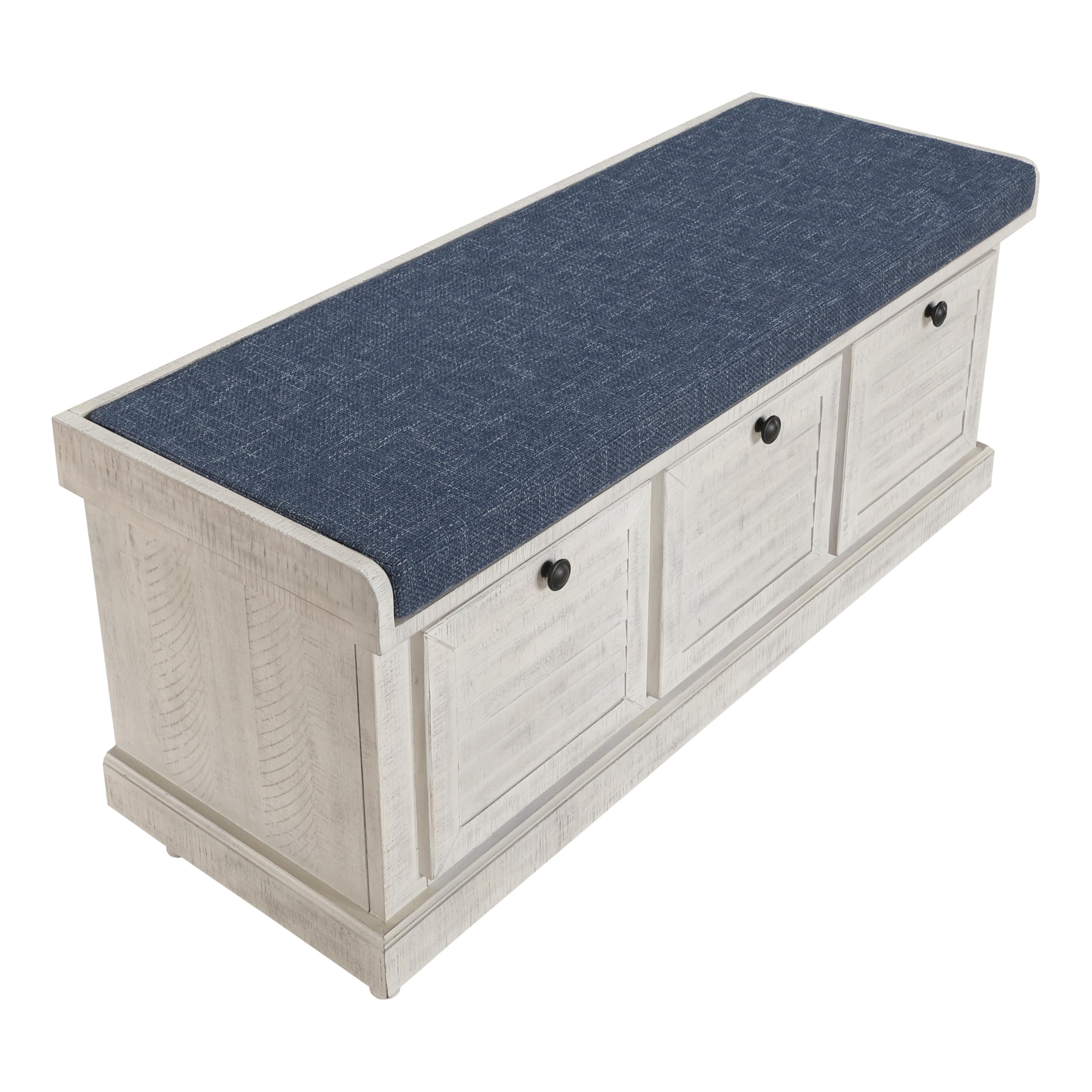 OSP Home Furnishings Dover Coastal Lift-Top Storage Bench with Shutter Face Styling, Distressed White Finish with Navy Fabric Cushion