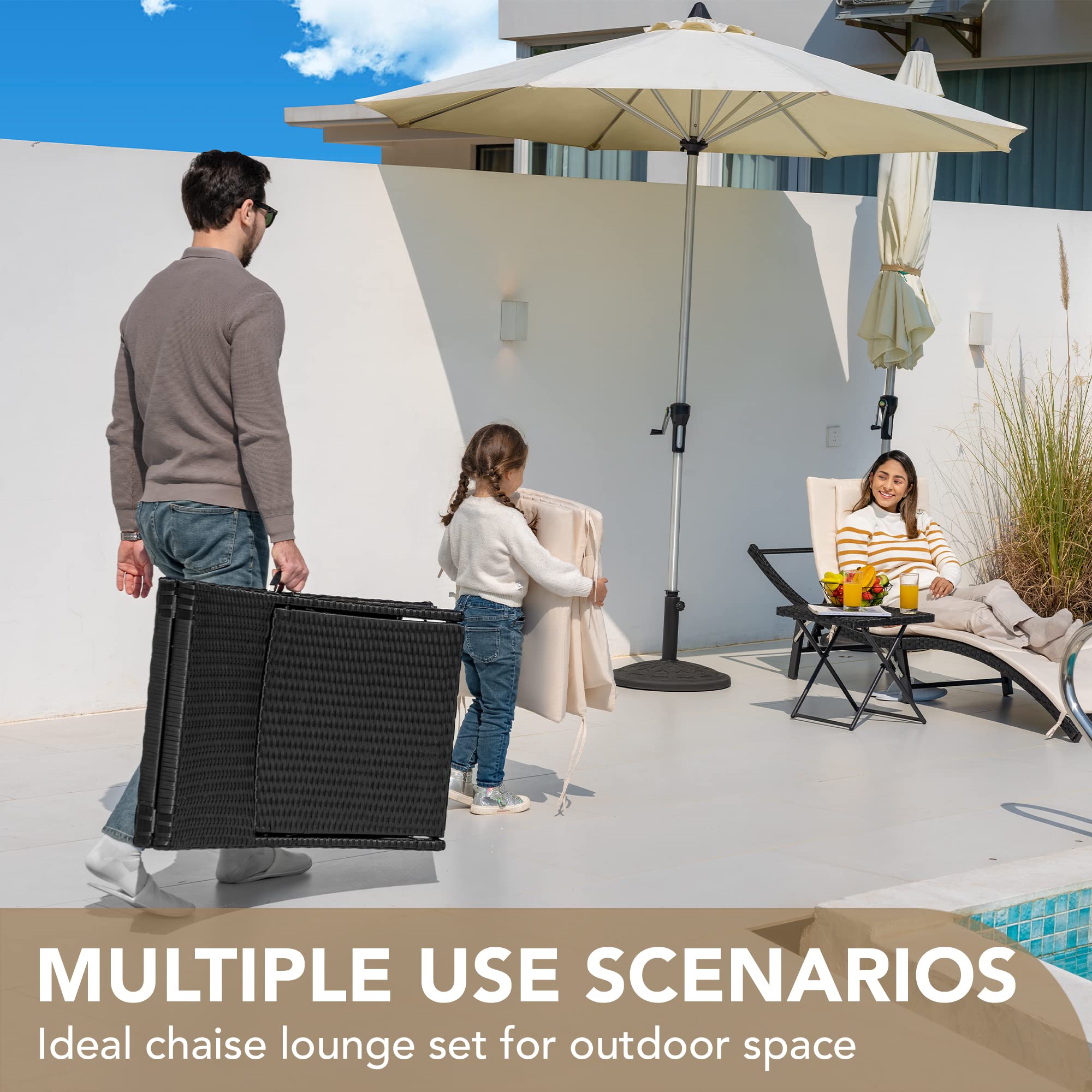 Outdoor Rattan Chaise Lounge Set of 3 with Folding Table