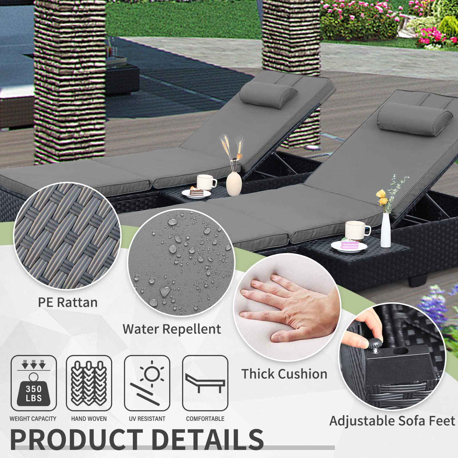 Outdoor Wicker Chaise Lounge Set of 2 with Cushions & Side Shelf