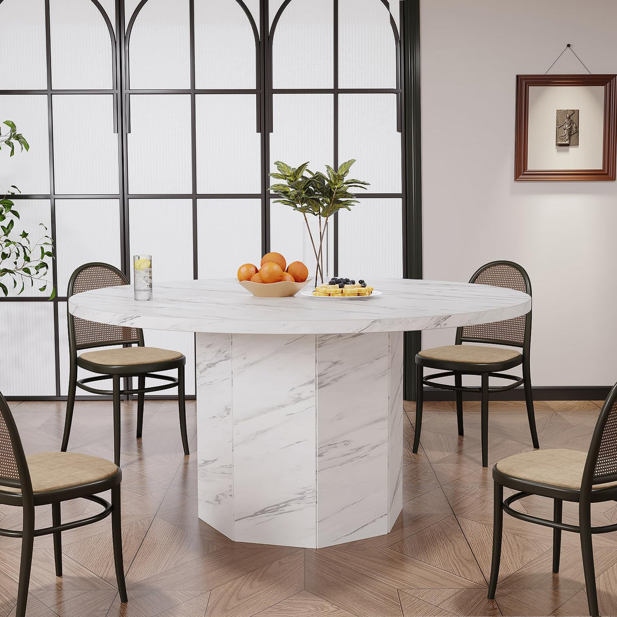 White Faux Marble Round Dining Table
