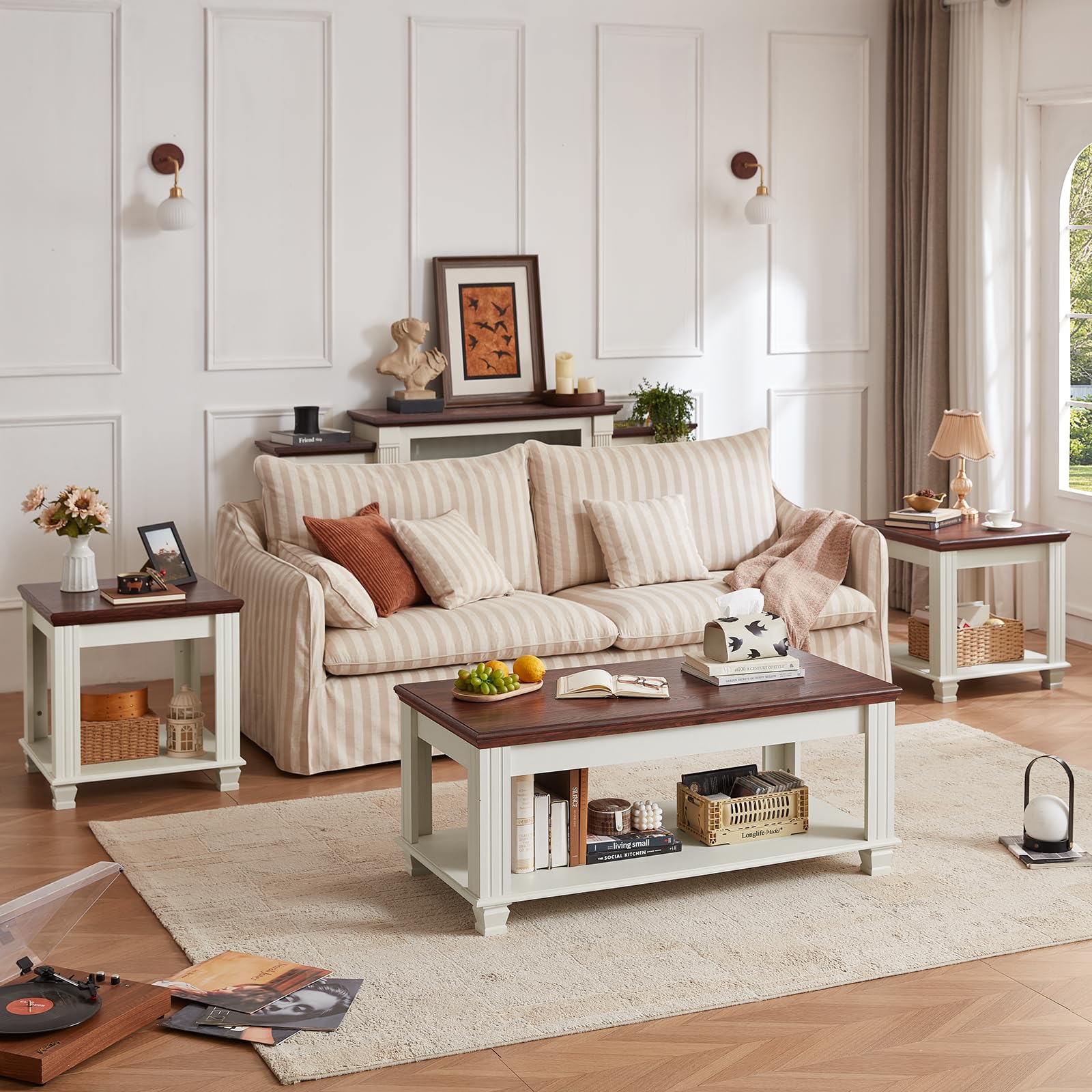 3-Piece Farmhouse Coffee & End Table Set with Open Shelf
