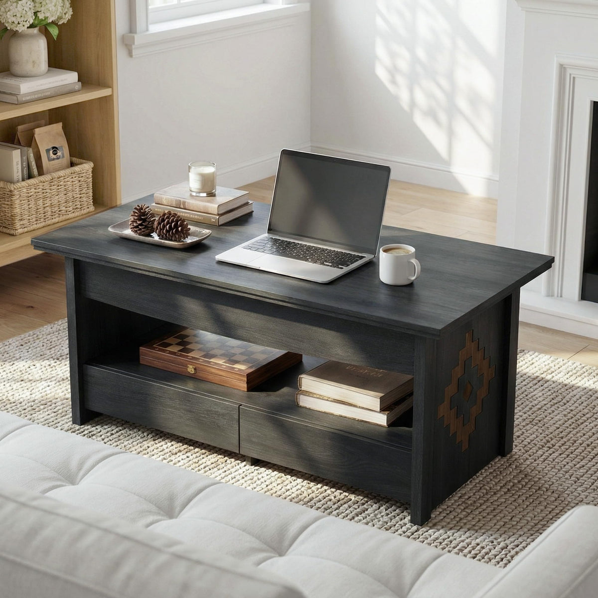 nesture. 41" Coffee Tables for Living Room, Lift Top Coffee Table with 2 Drawers and 1 Hidden Compartment,1 Open Shelf,Global Style with Wooden Lift Tabletop,Black