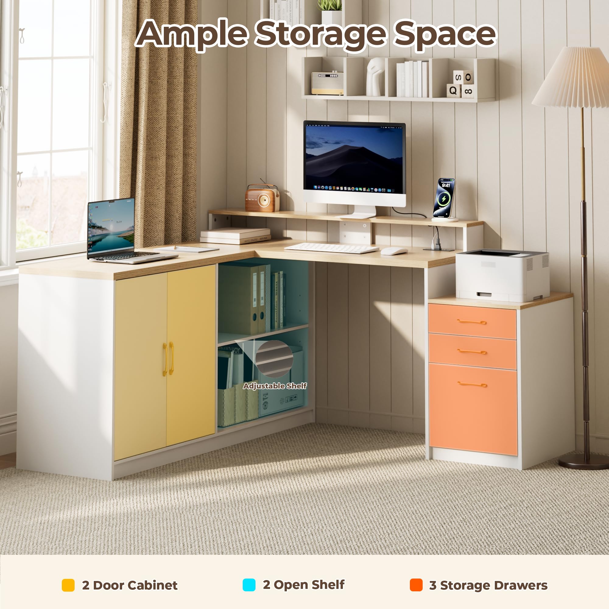L-Shaped Desk with Storage Cabinet & Monitor Stand