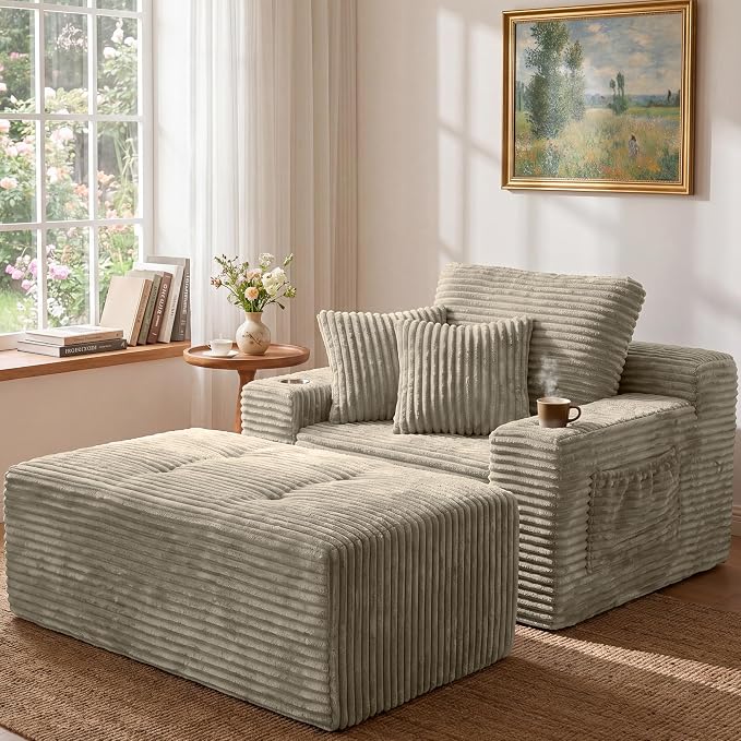 Corduroy Chaise Lounge with Ottoman