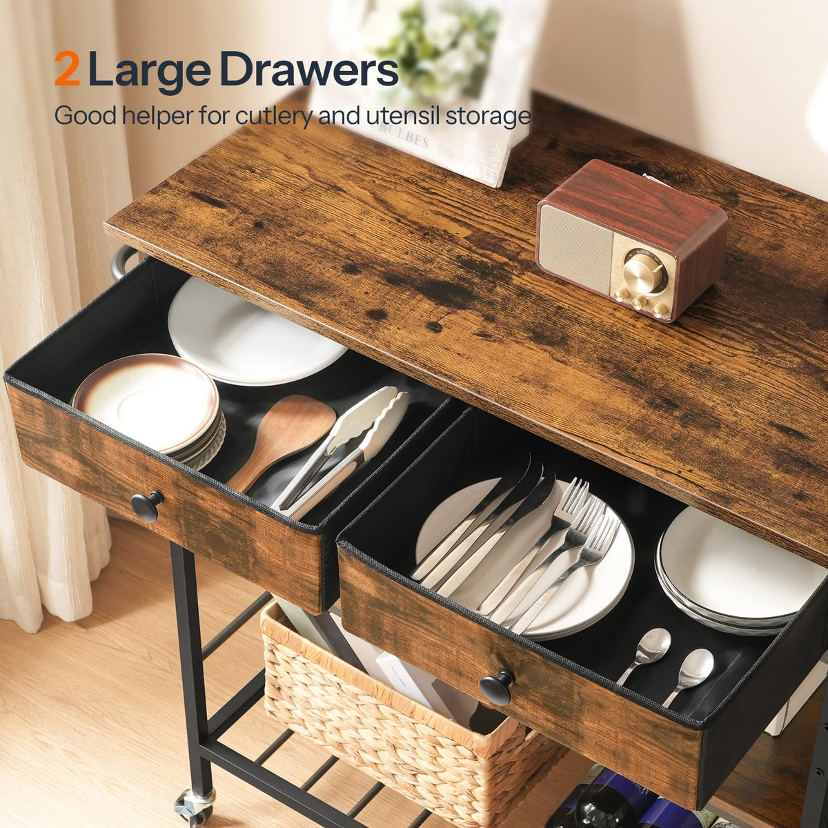 Rolling Kitchen Island with Drawers and Outlet