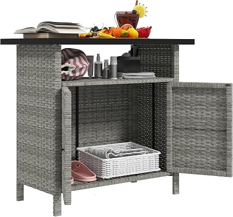 Wicker Outdoor Storage Cabinet with Bar Table