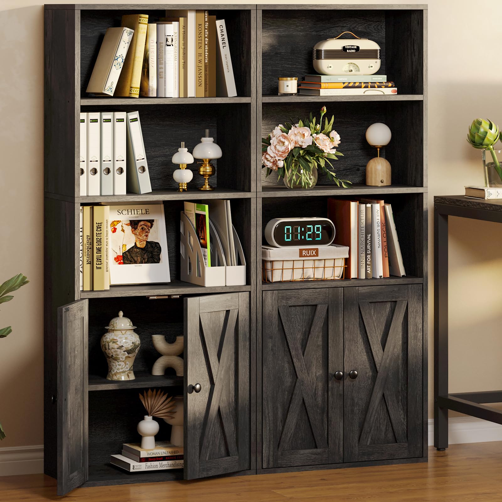 IRONCK 5-Tier Bookshelf, 11.8in Depth Bookcase with Doors Industrial Bookshelf with Storage,Floor Standing Display Storage Shelves for Home Office, Living Room, Industrial White