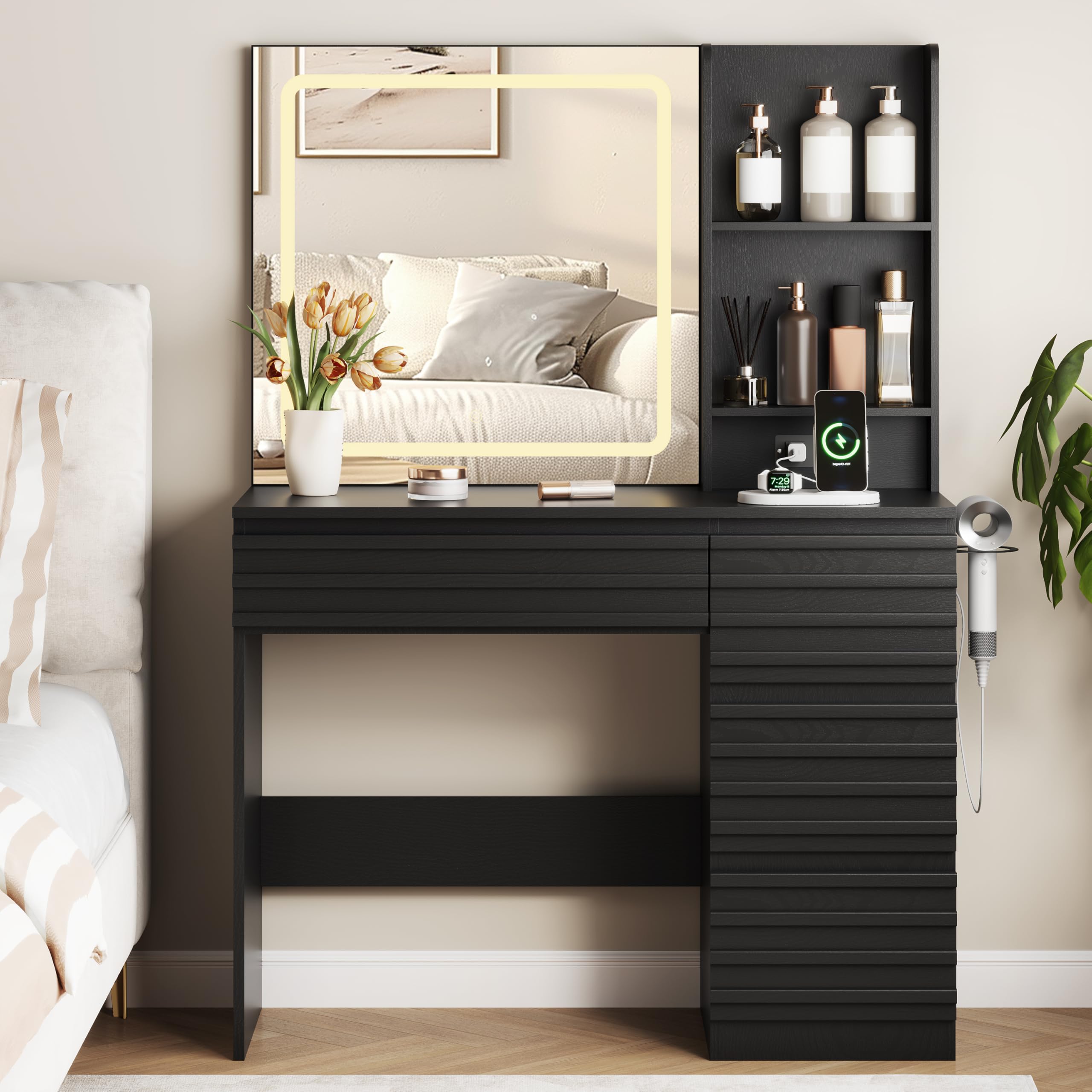 jmhdyg Makeup Vanity Desk with Lights, Fluted Vanity with 4 Drawers, Open Shelves, Power Outlet, LED Lighted Mirror, 3 Lighting Modes & Brightness Adjustable, Wood Dressing Table for Bedroom,Black