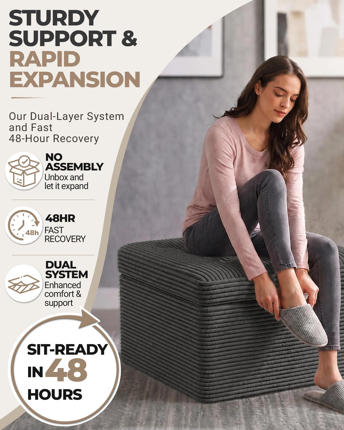 Fabulcozy 23.6in Pouf Ottoman, Corduroy Ottoman Foot Rest with Dual‑Layer Support, Large Plush Pouf with Soft Chunk‑Foam Top & Firm Foam Base, Floor Foot Stool for Living Room, Dark Grey