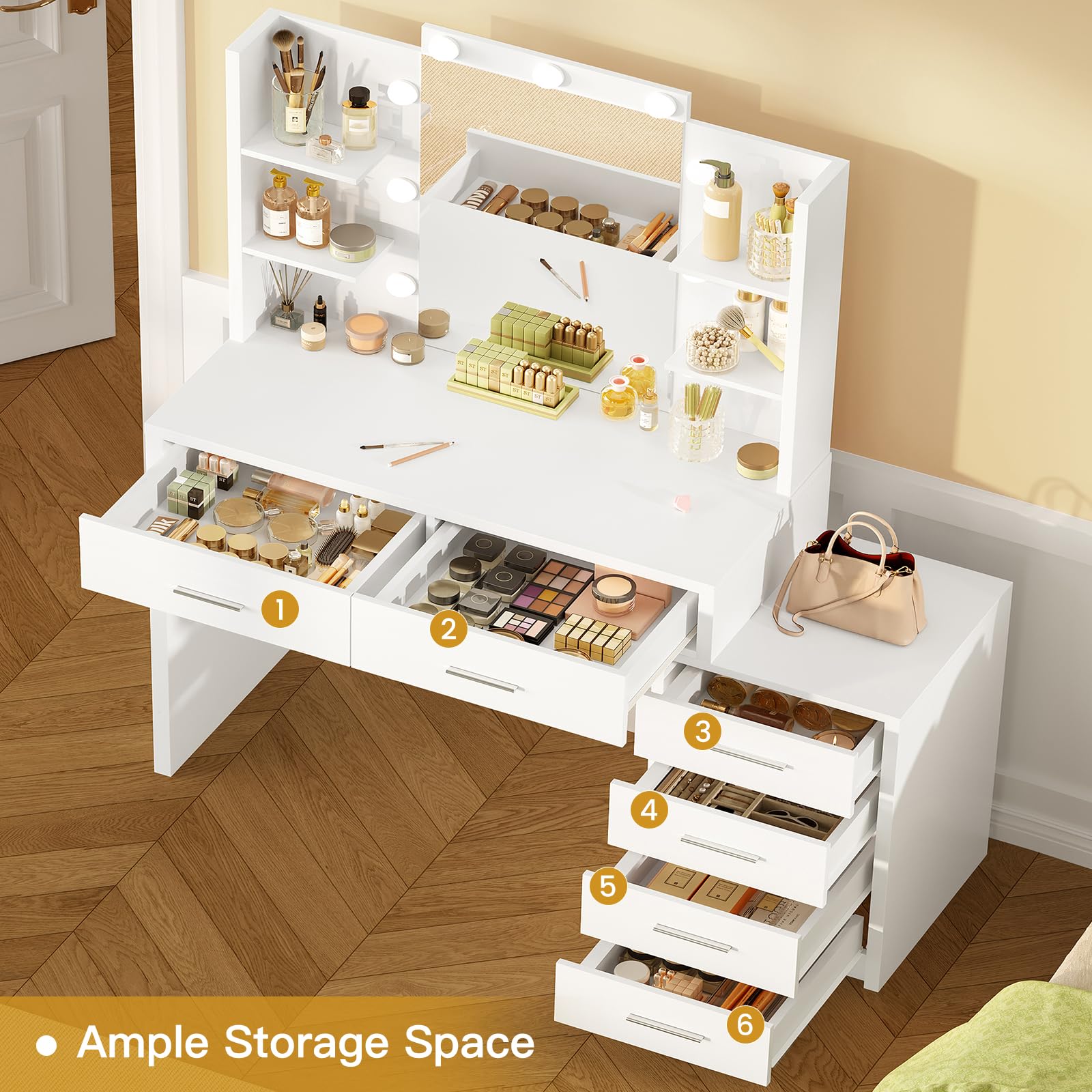 FIONESO 43.3" W Vanity Desk with Mirror and 9 LED Lights, Makeup Vanity with 6 Drawers, 6 Open Shelves, 3 Color Modes & Adjustable Brightness, Dressing Table for Girls Bedroom, White
