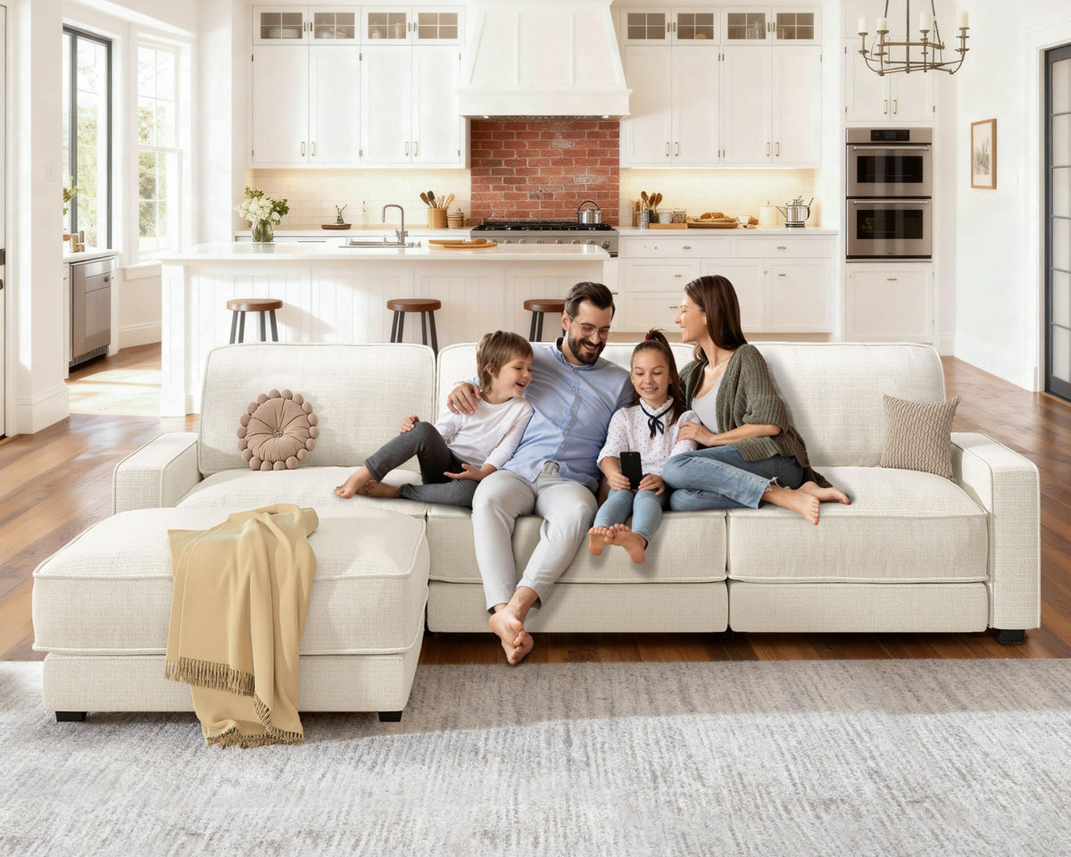 Vipbear 120" Oversized Modular Sectional Sofa, L Shaped Couch Set with 2 Pillows, 4 Seat Comfy Cloud Couches with Movable Ottoman for Living Room, Bedroom and Apartment, Chenille Beige