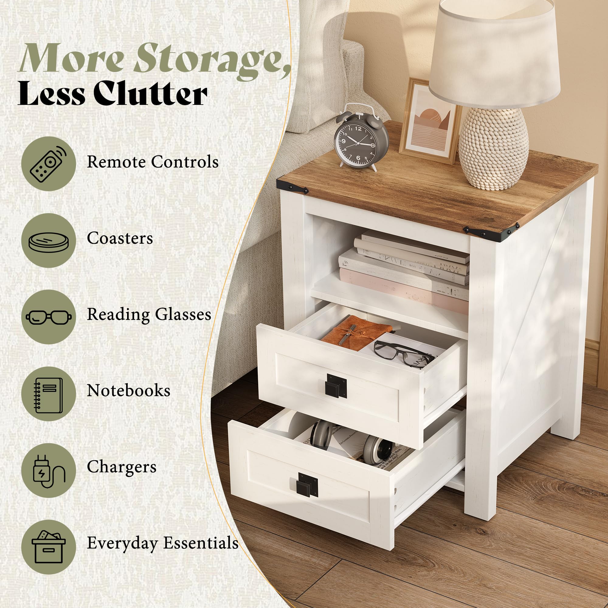 Farmhouse Nightstand Set of 2 with Drawers & Open Shelf