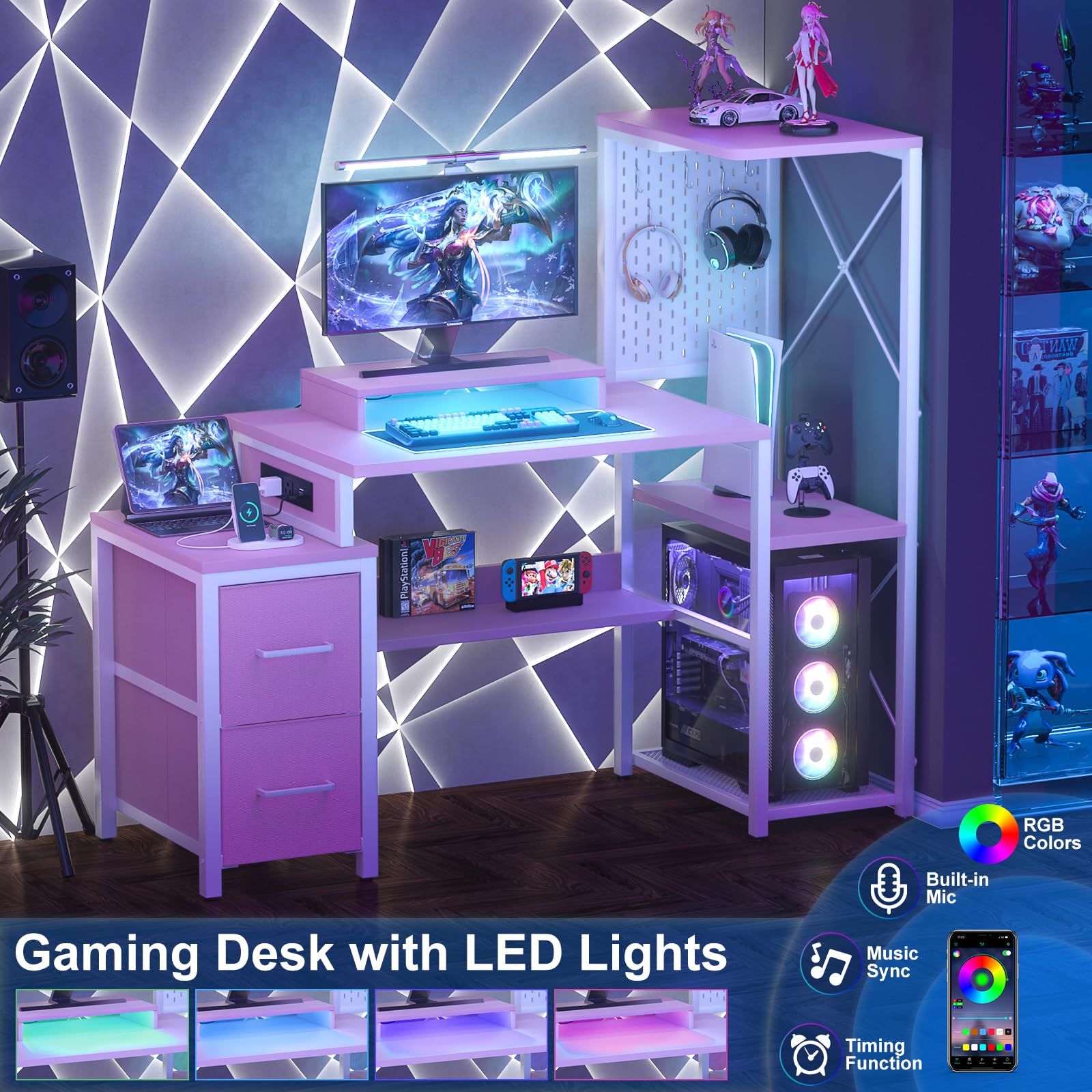 Gaming Desk with Drawers, LED Lights & Power Outlet
