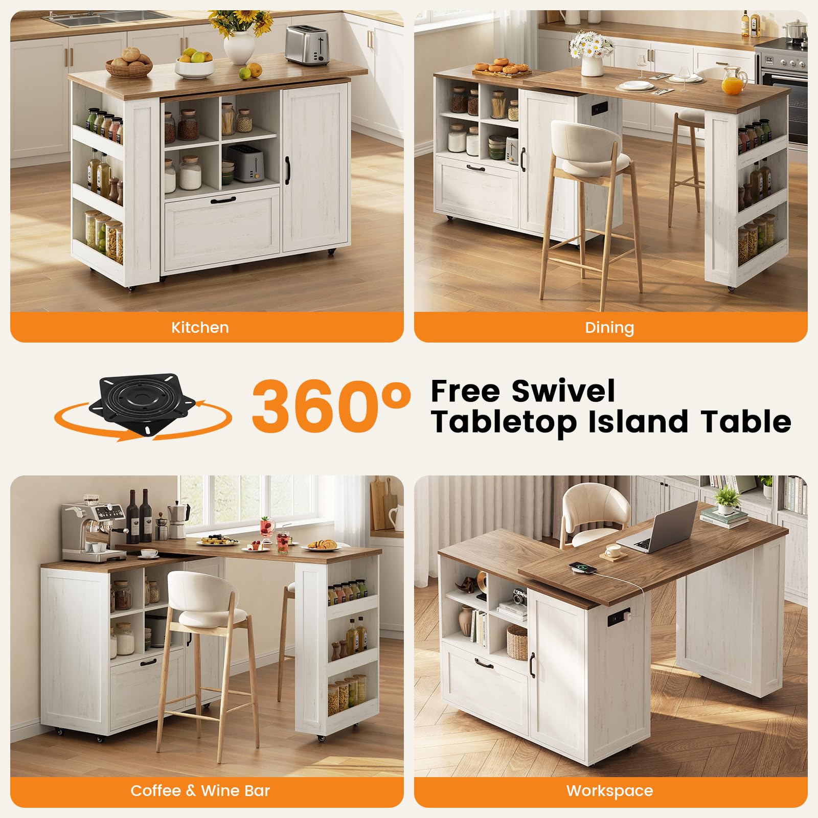 PIXOURA 72" Rolling Kitchen Island Cart with 360° Swivel Tabletop & Power Outlet, Farmhouse Mobile Kitchen Island Storage Cabinet on Wheels with Drawers, Spice Rack for Dining Room,Home Bar,White