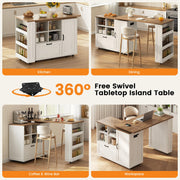 PIXOURA 72" Rolling Kitchen Island Cart with 360° Swivel Tabletop & Power Outlet, Farmhouse Mobile Kitchen Island Storage Cabinet on Wheels with Drawers, Spice Rack for Dining Room,Home Bar,White