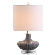 JONATHAN Y 18" Gray Fluted Glass and Lucite Table Lamp, Contemporary Teardrop Bedside Lamp with White Linen Drum Shade for Nightstand, Console Table, LED Bulb Included JYL1032A
