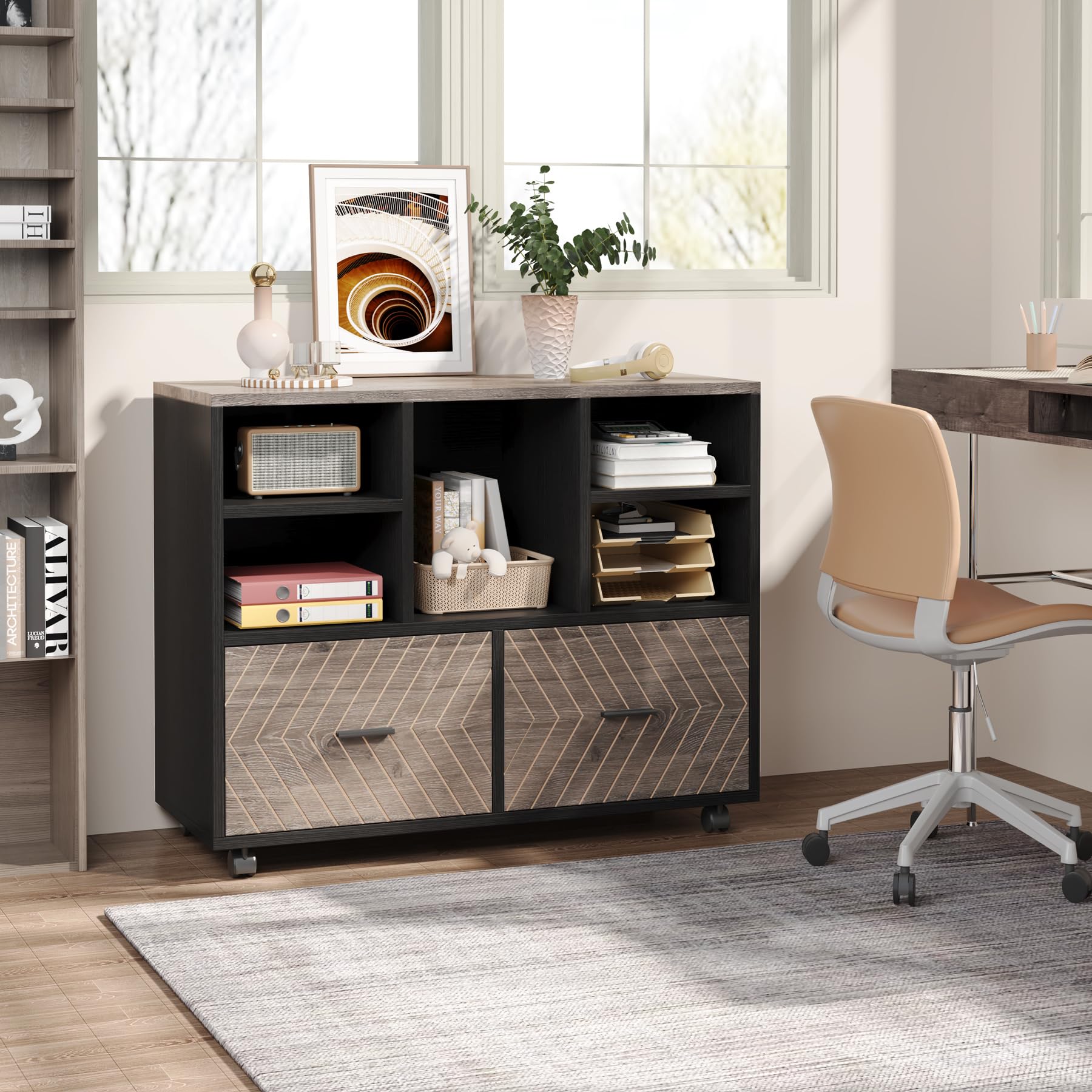 Tribesigns 2-Drawer Wood File Cabinet, Mobile Lateral Filing Cabinet for Hanging Letter Size Files, Printer Stand with Open Storage Shelves for Home Office (Gray & Black)