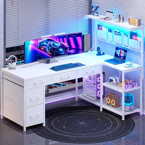 L-Shaped Desk with Hutch, Drawers & LED Lights