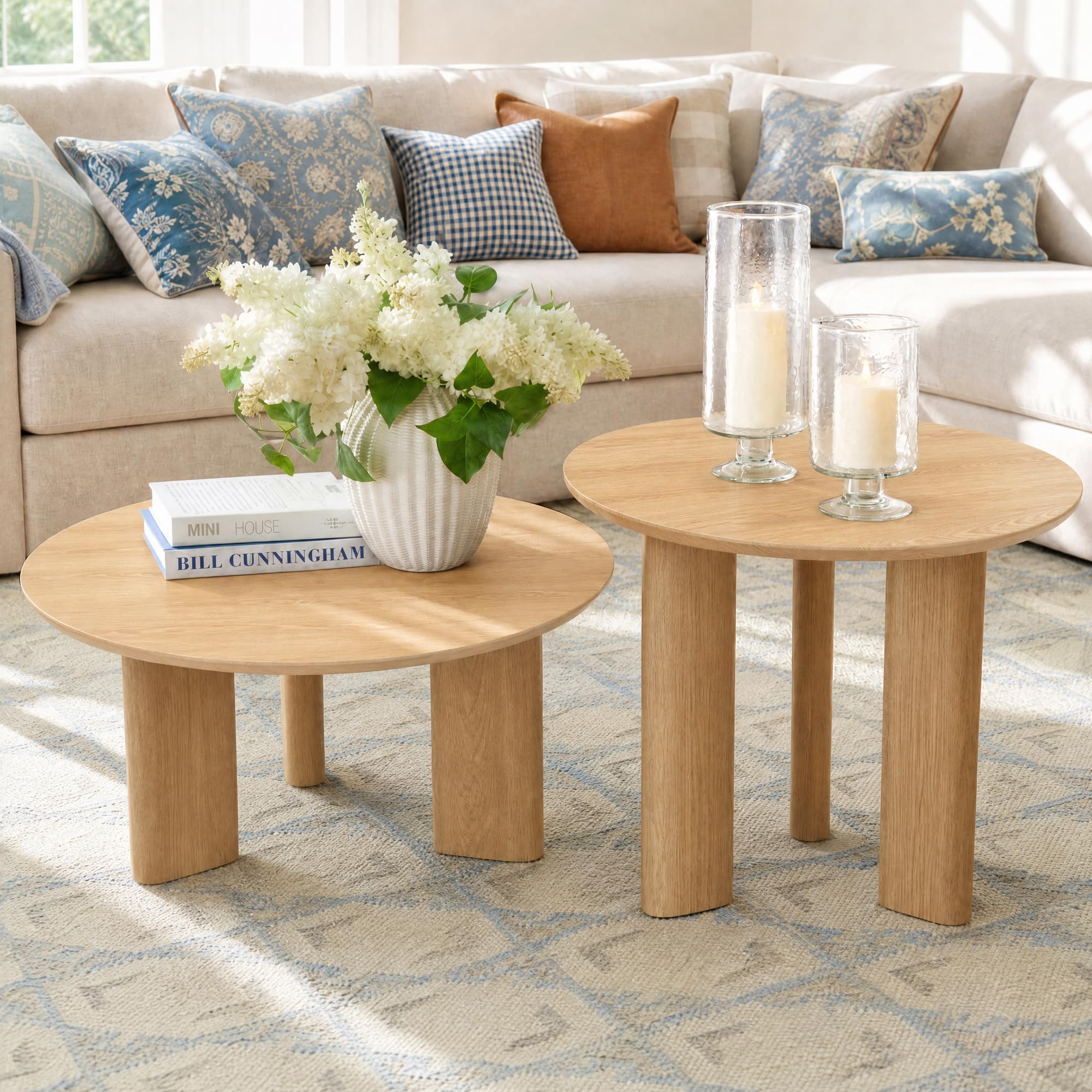 Yechen Nesting Coffee Table Set of 2, Round Wooden Veneer Coffee Table and Side Table Set, Circle Modern Center Tables with Smooth Thick Design for Living Room, Office, or Apartment