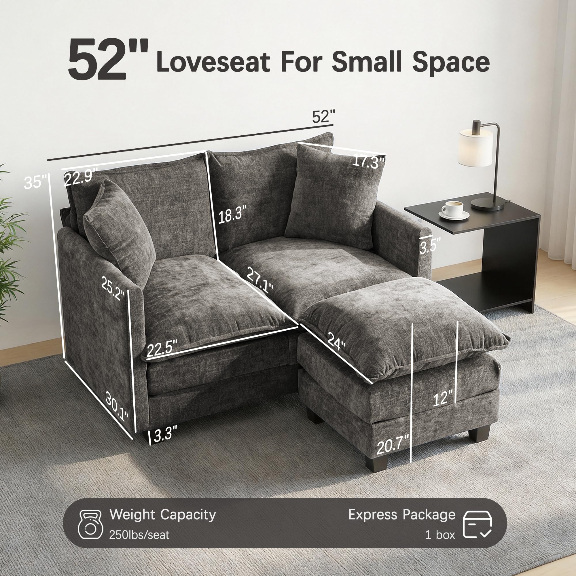 Chenille Cloud Loveseat with Deep Seat, 2 Pillows & Optional Ottoman