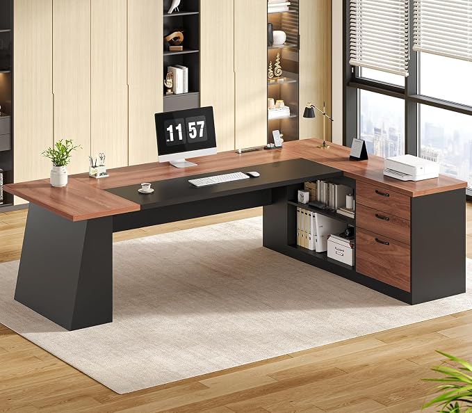 L-Shaped Executive Desk with File Cabinet