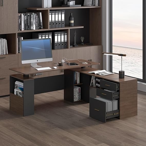 L-Shaped Electric Standing Desk with Storage & Privacy Panel