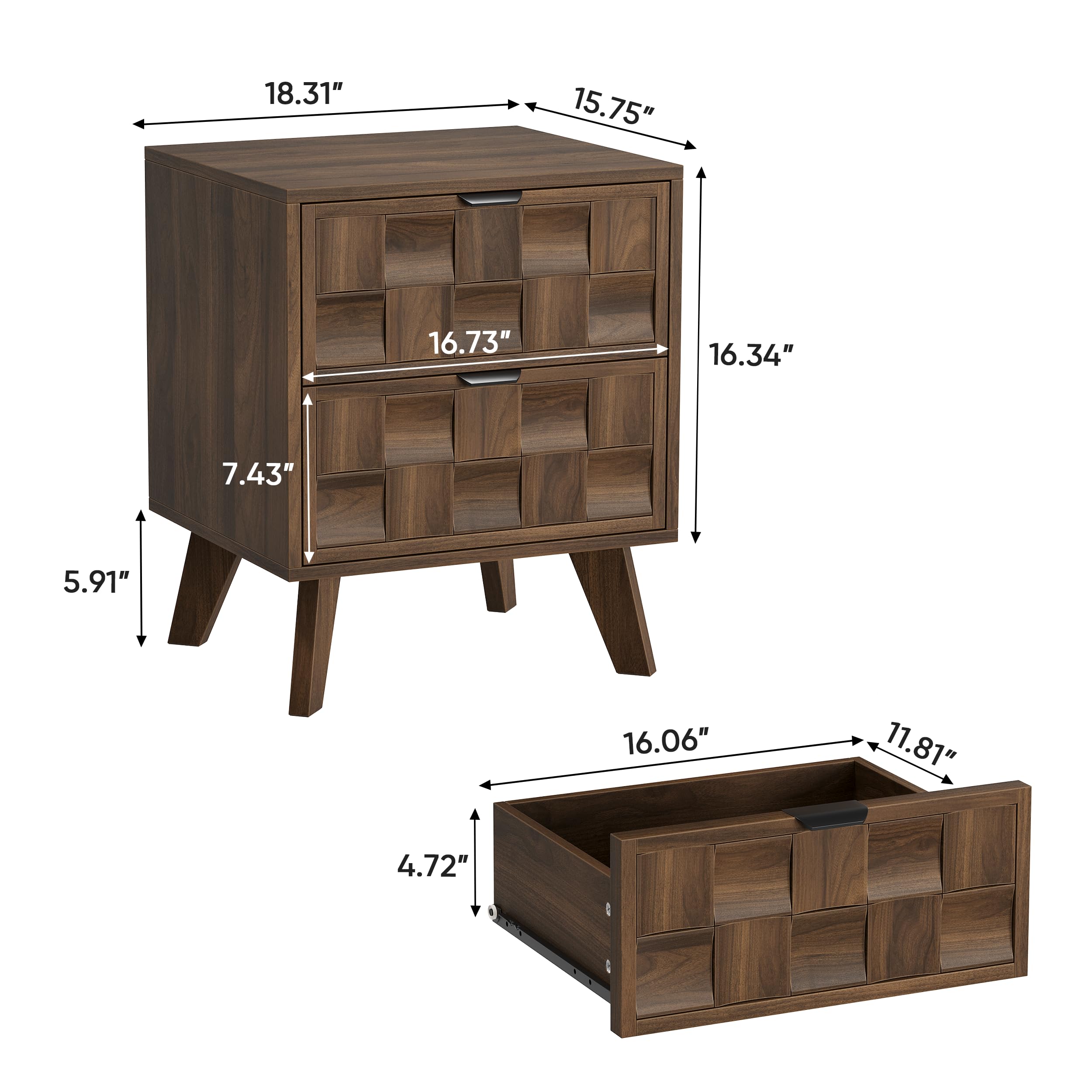 Walnut Nightstand with Embossed Checkerboard Drawers