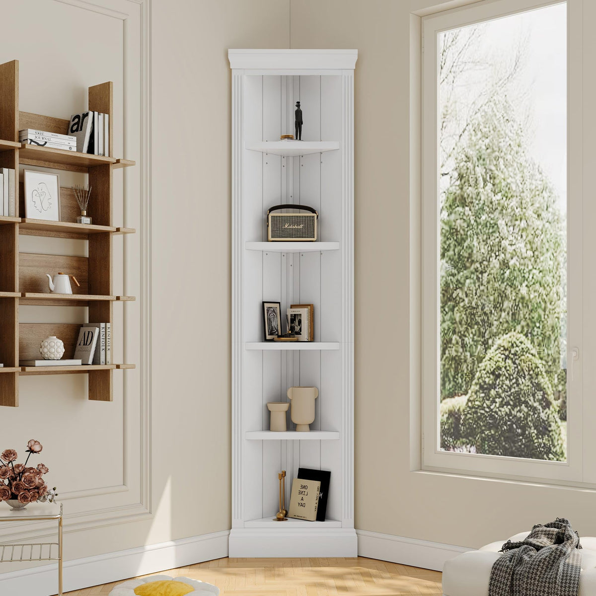 83.4" Tall Corner Shelf, 5-Tier Solid Wood Corner Bookcase, Freestanding Open Storage Display Stand, Modern Tall Plant Rack for Small Space, Living Room, Home Office, White