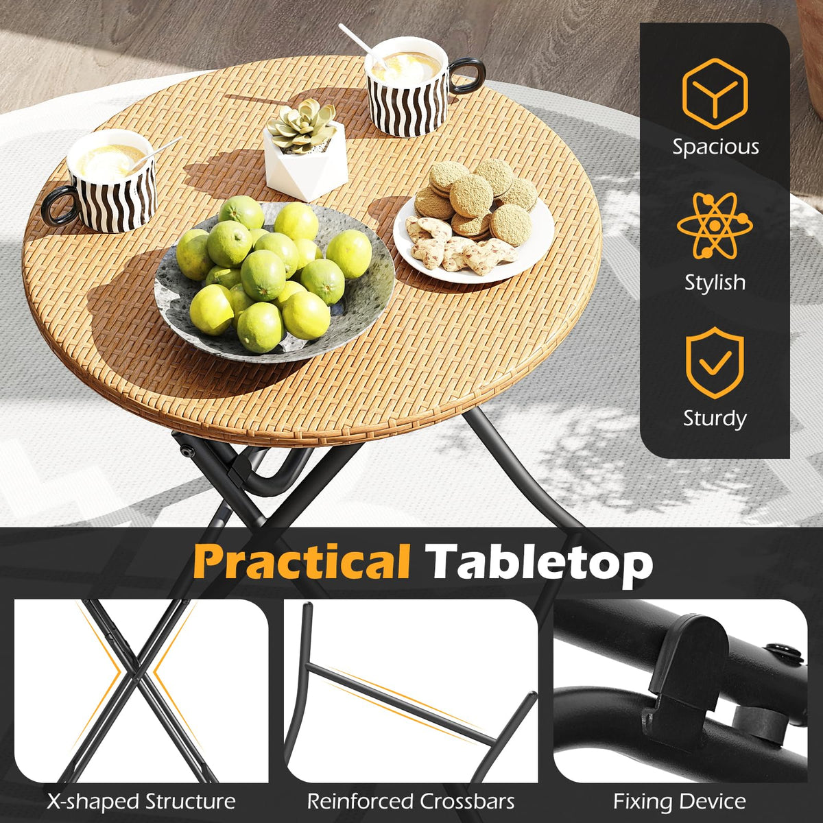 Tangkula 3 Piece Outdoor Folding Bistro Set, PE Rattan Portable Patio Round Dining Table and 2 Chairs with Sturdy Metal Frame for Porch, Garden, Backyard, Balcony