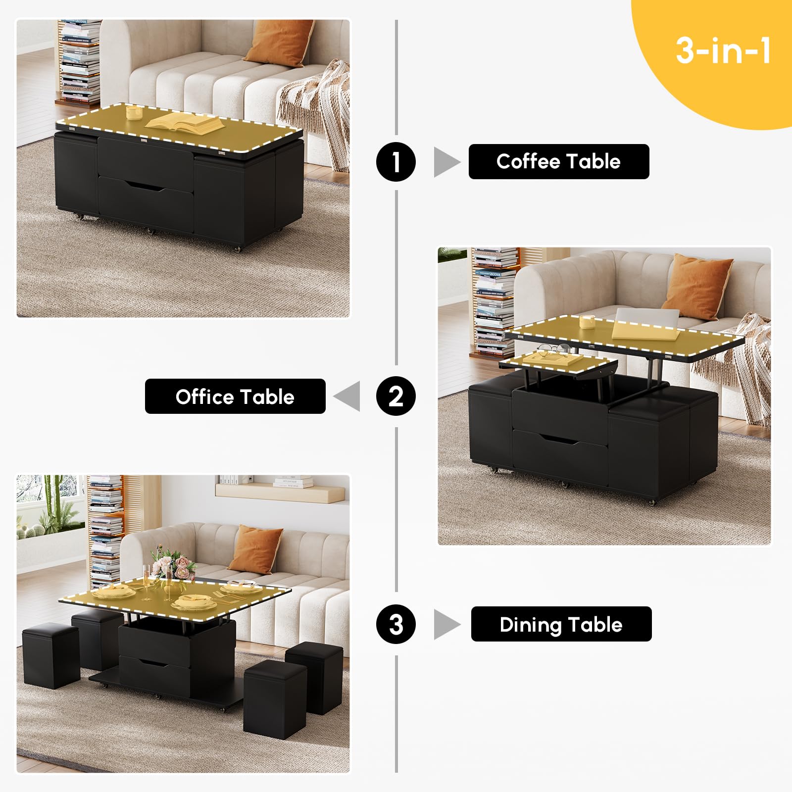 homary Coffee Table with Stools, Black 3-in-1 Modern Lift-Top Folding Center Table with Hidden Storage, Casters, and Lockable Wheels ¨C Convertible Dining & Office Table for Living Room