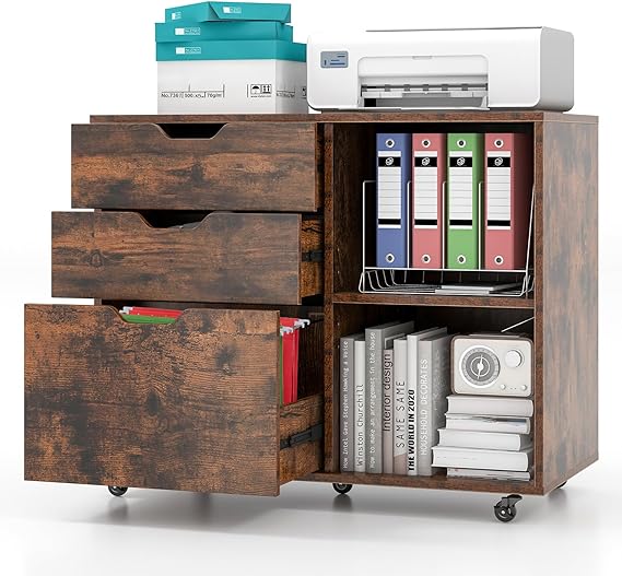 3-Drawer Rolling File Cabinet with Adjustable Shelf
