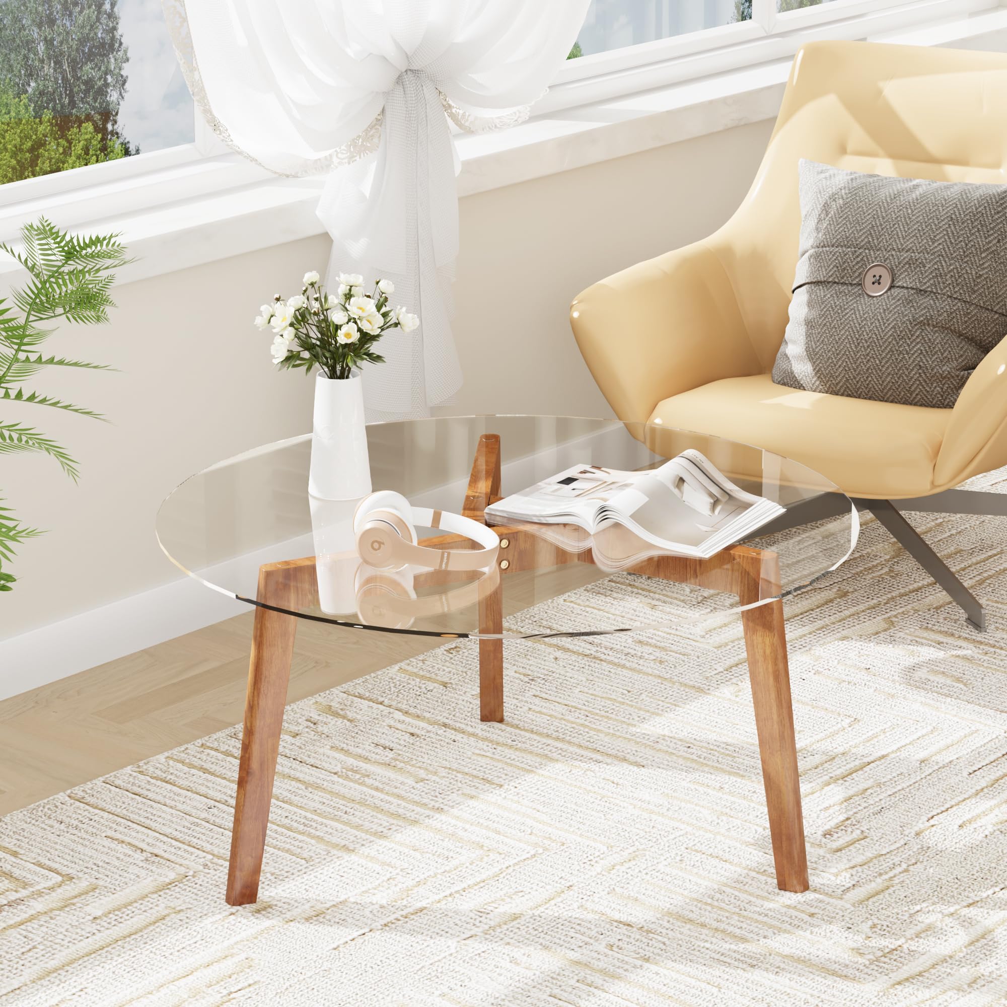WFSRESTD Glass Coffee Table, Small Round Coffee Tables with Solid Wood Legs, Mid Century Modern Center Table with Glass Top for Small Spaces, Living Room, 31.5x31.5x15.4