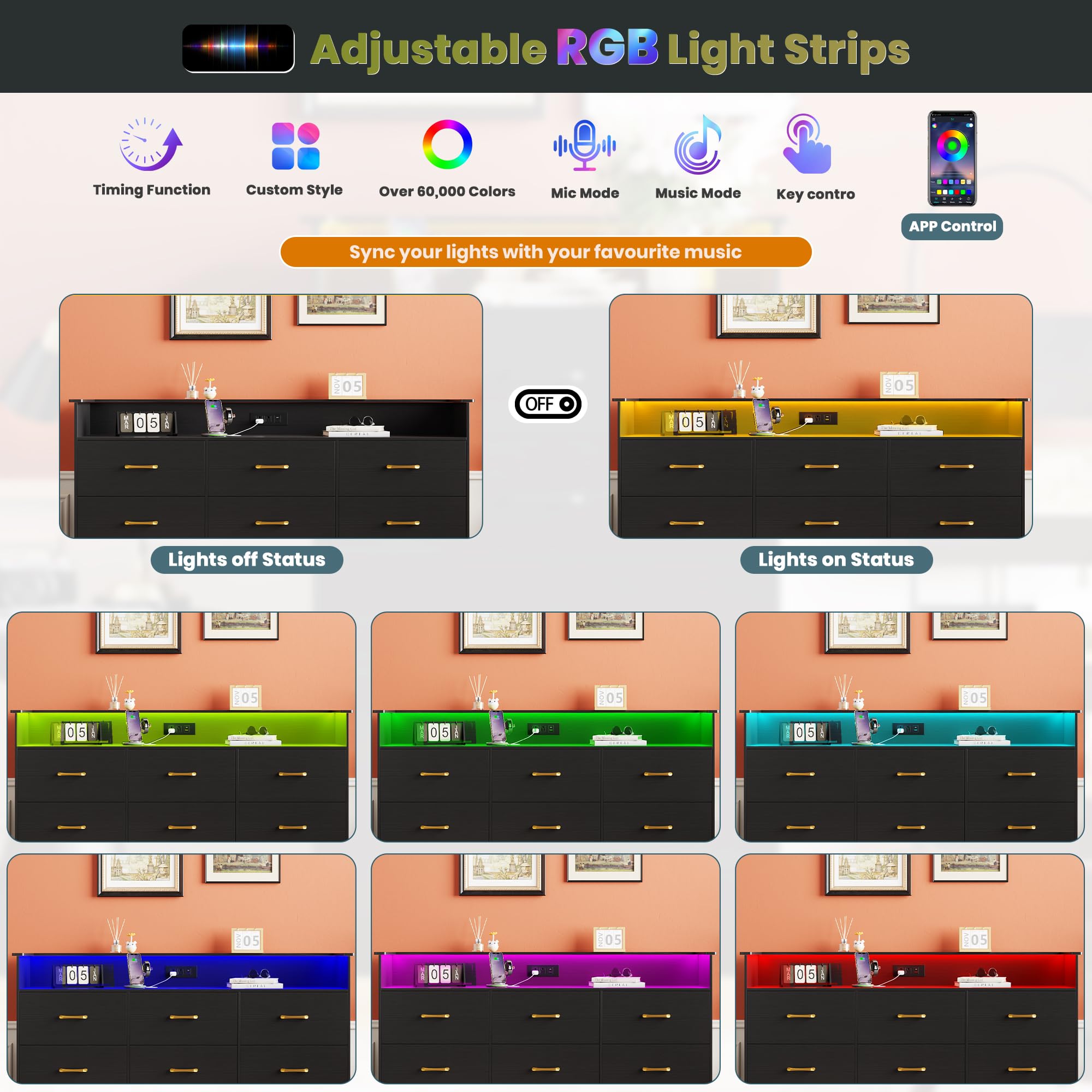 9-Drawer Dresser with LED Light & Charging Station