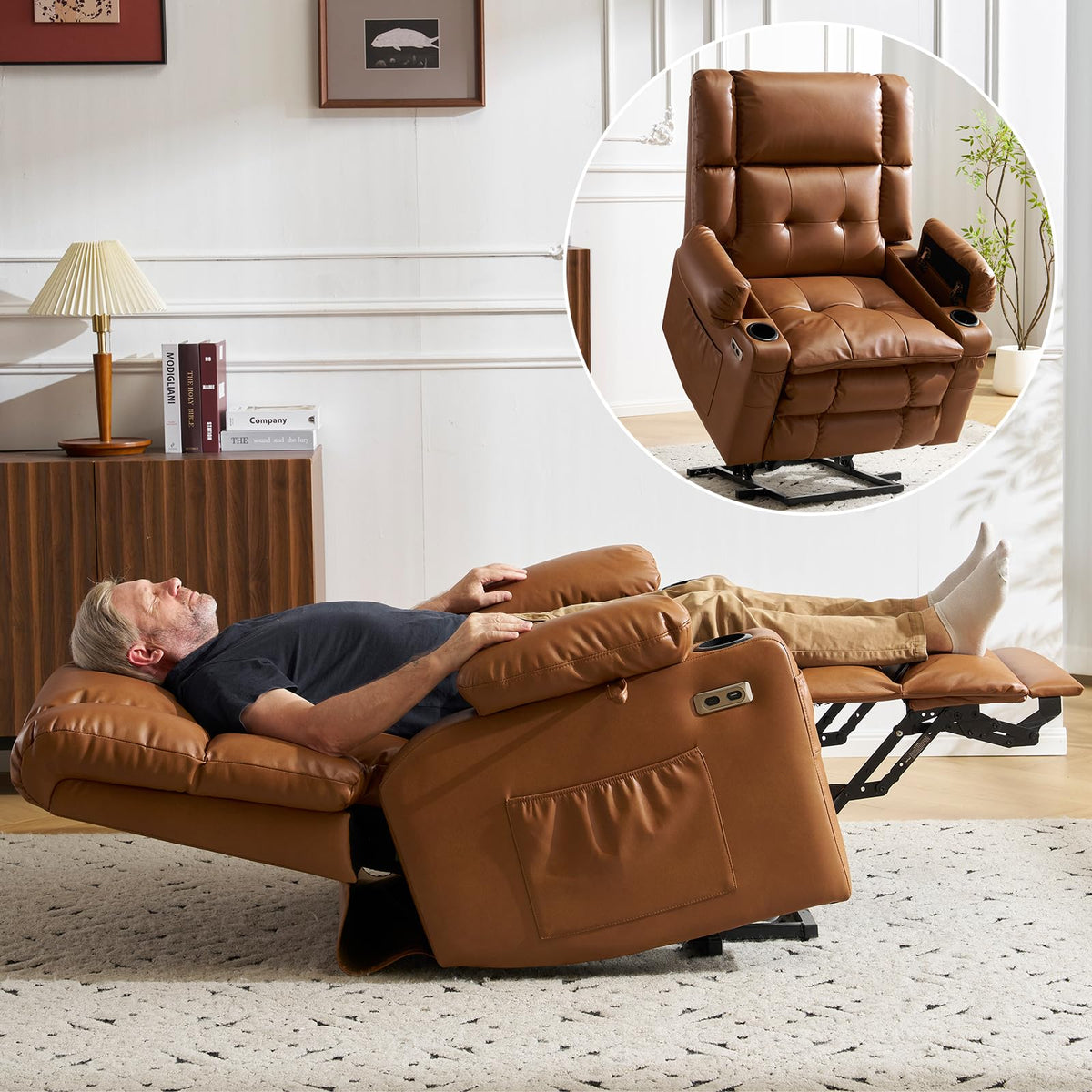 Dual Motor Power Lift Recliner for Elderly with Massage and Heat, Camel
