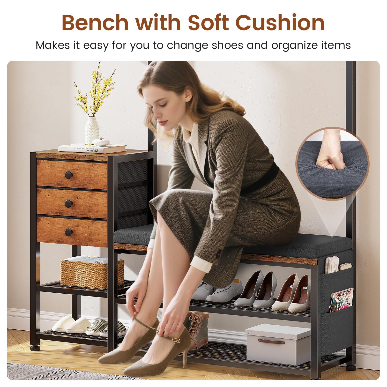 5-in-1 Hall Tree with Bench & Shoe Storage