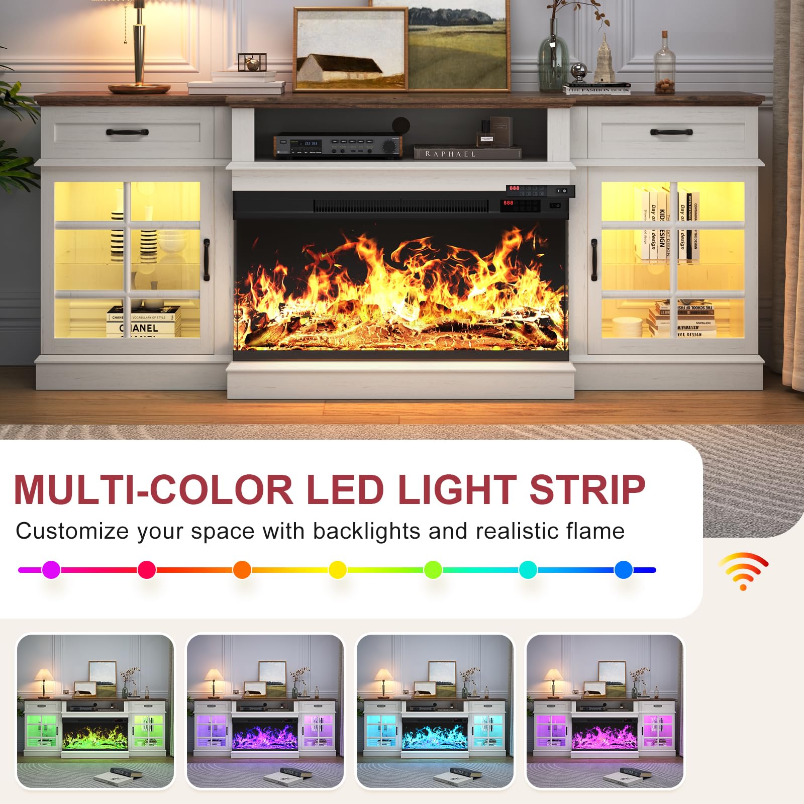 OneBlis 80" TV Stand with 36" Electric Fireplace, Entertainment Center Console Table for TV up to 90'', Fireplace TV Stand with Open Storage Shelves and Glass Door for Living Room, White