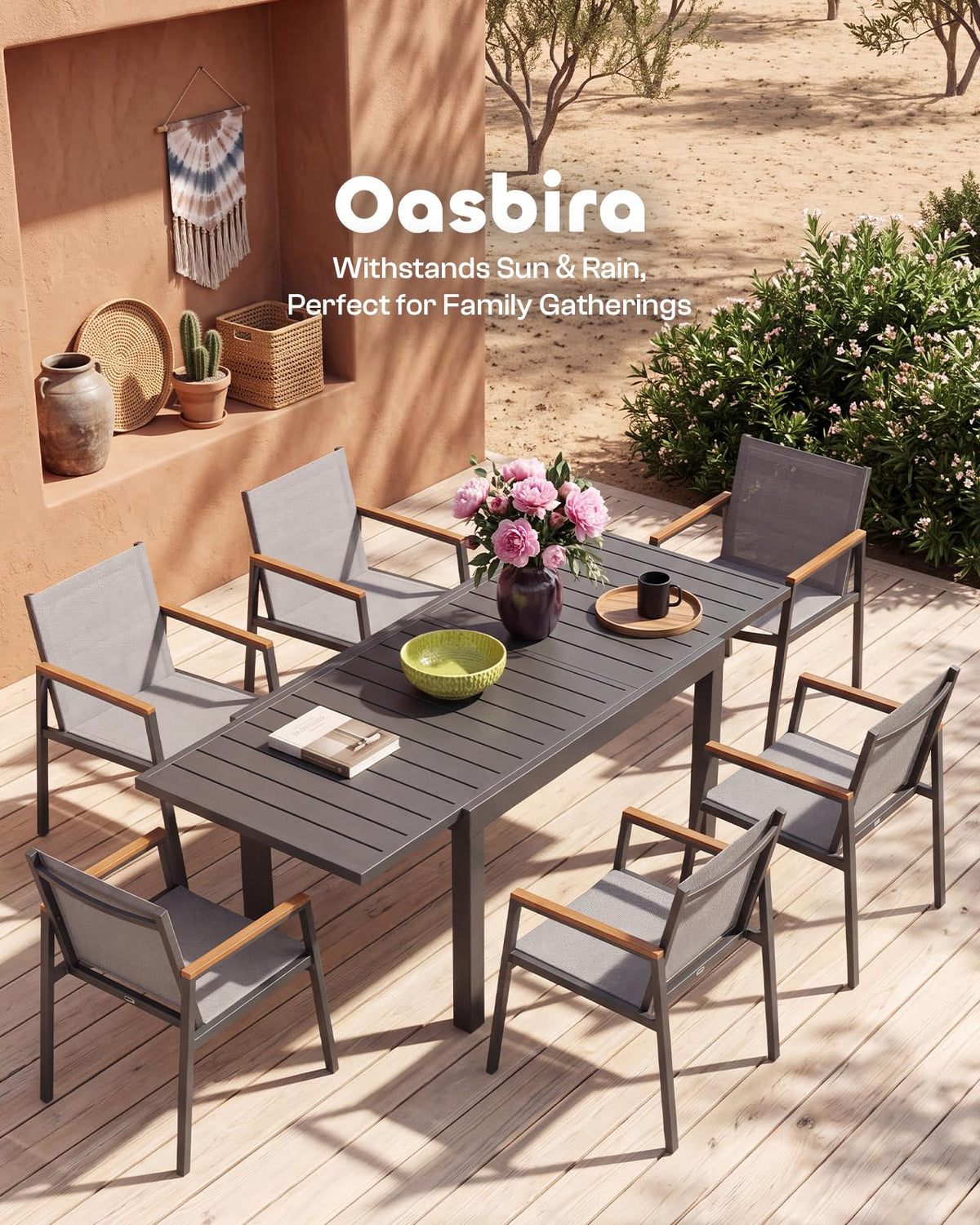 Oasbira Aluminum Expandable Outdoor Patio Dining Table (48"-79") with Smooth Cilde Rails & Secure Locking Handle, All-Weather Rectangular Outdoor Dining Table Seats 4-8, for Garden, Indoor, Gray