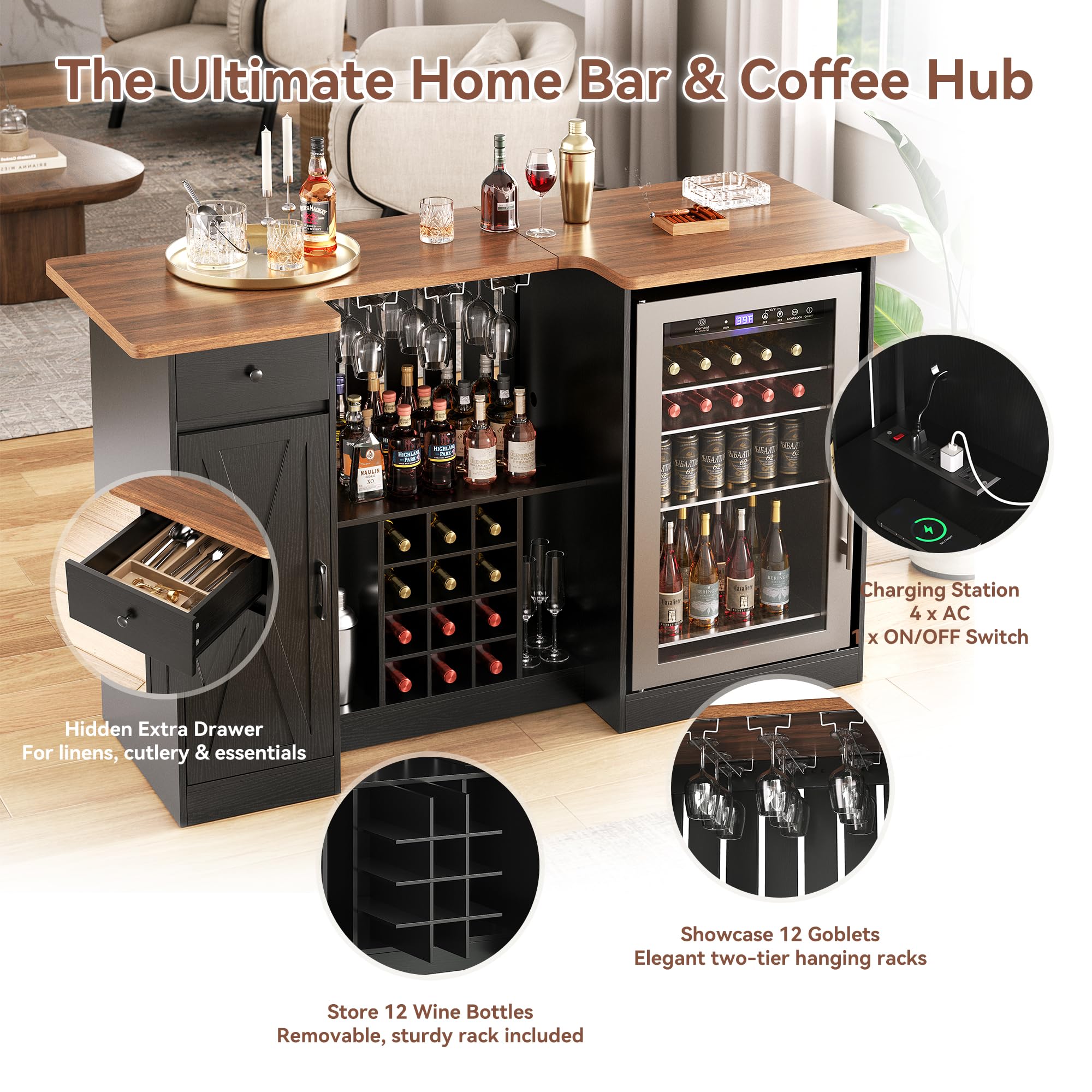 Terroute 72" U-Shape Liquor Cabinet with Fridge Space, Bar Table with Wine Rack Glass Holder, Wine Bar Cabinet with Storage, Home Bar Cabinet for Man Cave Home Pub Basement Living Room, Black LRBT001B