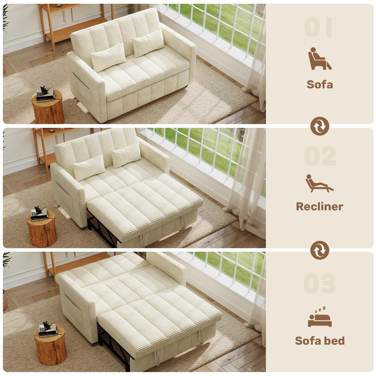 3-in-1 Convertible Loveseat Sofa Bed