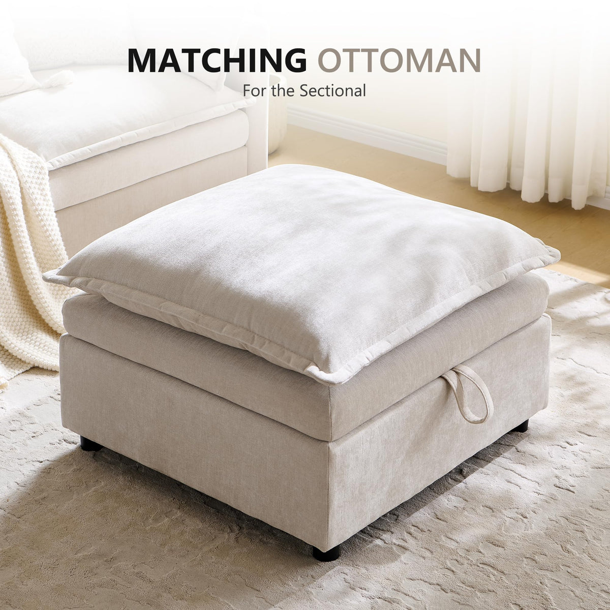 ALLTUFO Chenille Upholstered Rectangle Ottoman for Modular Sectional Cloud Couch, Foot Stool, Faux Wood Feet, Durable Frame, Modular Sectional Couch Add Ons for Living Room, Bedroom, Beige