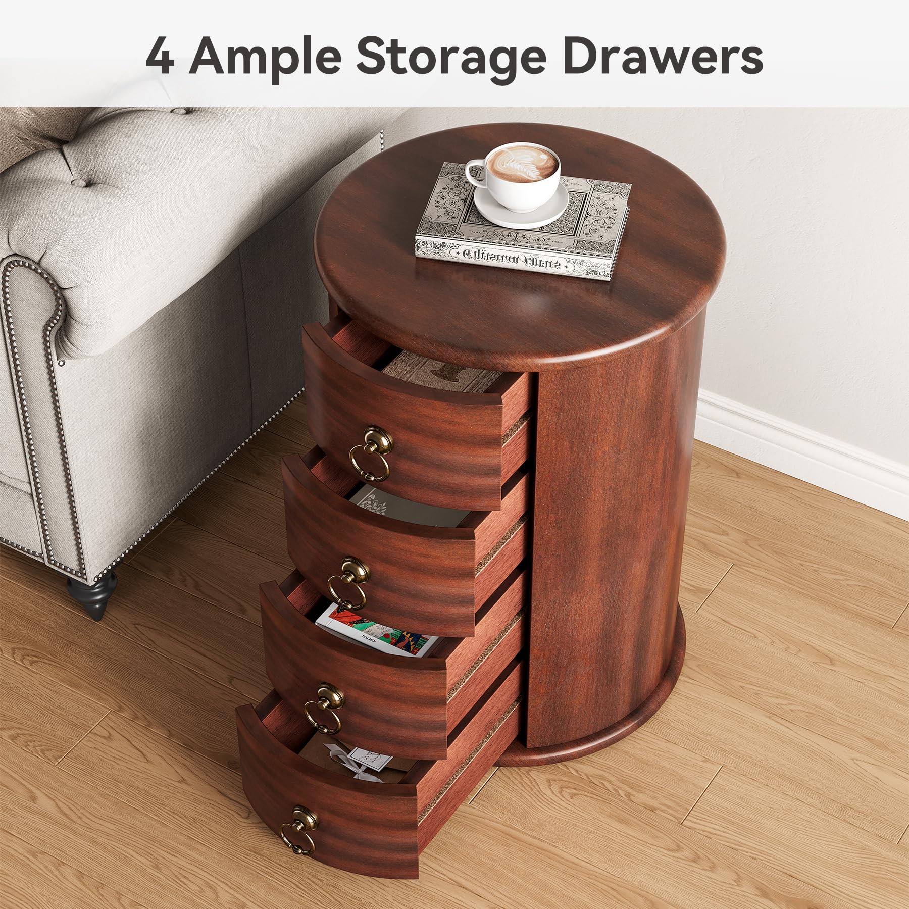 LITTLE TREE Small Side Table, Round Solid Wood End Table with Storage for Living Room, Mid Century Modern Nightstand with 4 Drawers for Bedroom, Small Spaces, Couch, Bedside, No Assembly Required
