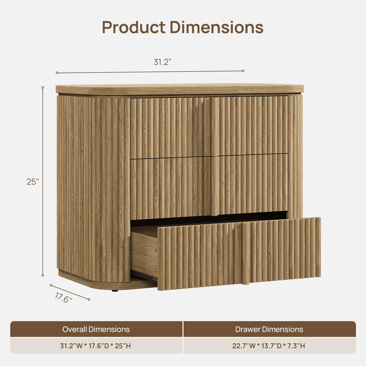 Fluted 3-Drawer Nightstand
